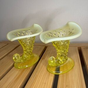 VTG Fenton Topaz Opalescent Hobnail Candleholders Vaseline (uranium) glass